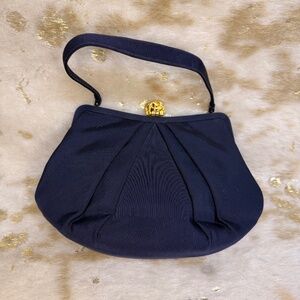 MM Navy Blue Satin Evening Bag with Gold Floral Clasp Elegant Chic Party Outfit